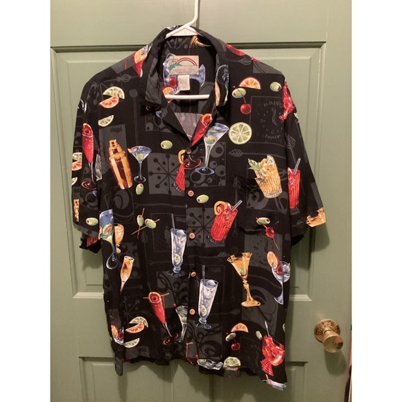 Paradise Found Other - Vtg Black Paradise Found Men's XL Hawaiian Shirt Martini Cocktail Drink Tiki Bar